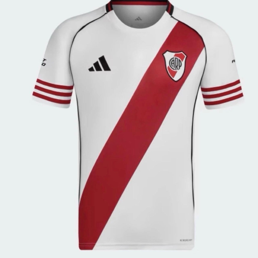 Adidas River Plate 2025/26 home shirt with red diagonal stripe on white backg.